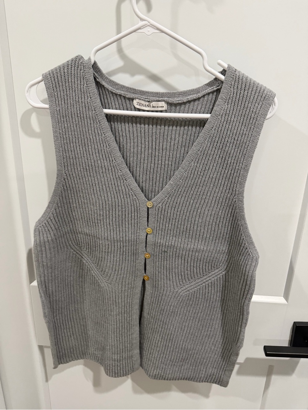 Zenana Outfitters Gray Ribbed V-Neck Button Front Sweater Vest